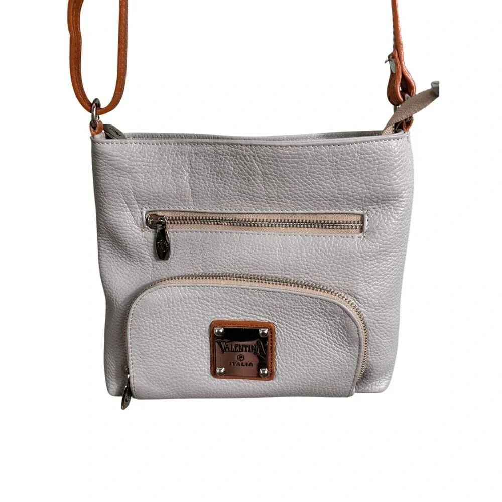 Valentina Italia Grey Pebbled Leather Crossbody Bag Brown Strap Made in‎ Italy